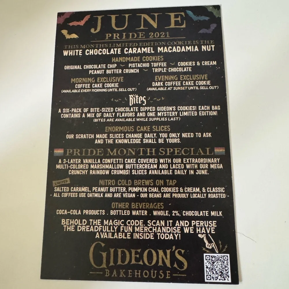 Gideon’s Bakehouse June 2022 Misprint June 2021 PRIDE Menu Card and Branded Bag